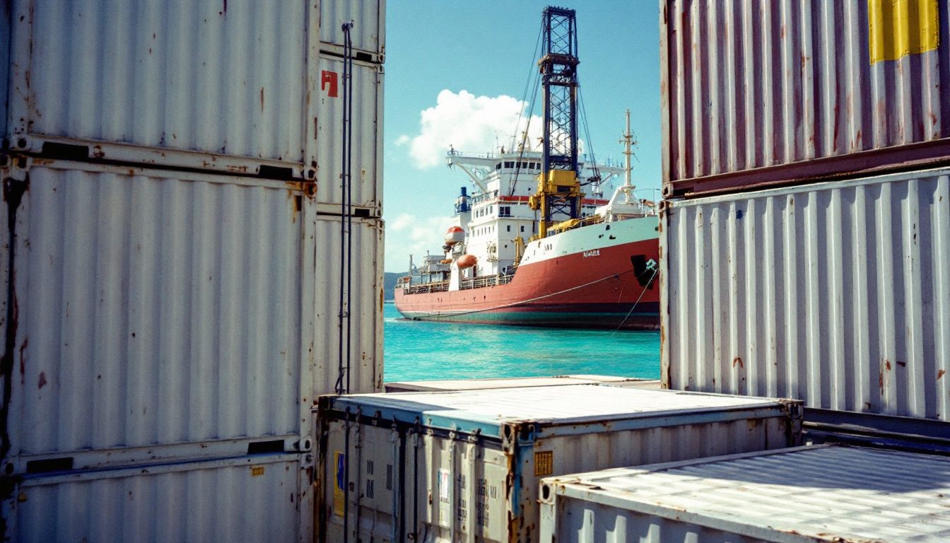 Cargo ship and shipping containers at an island port